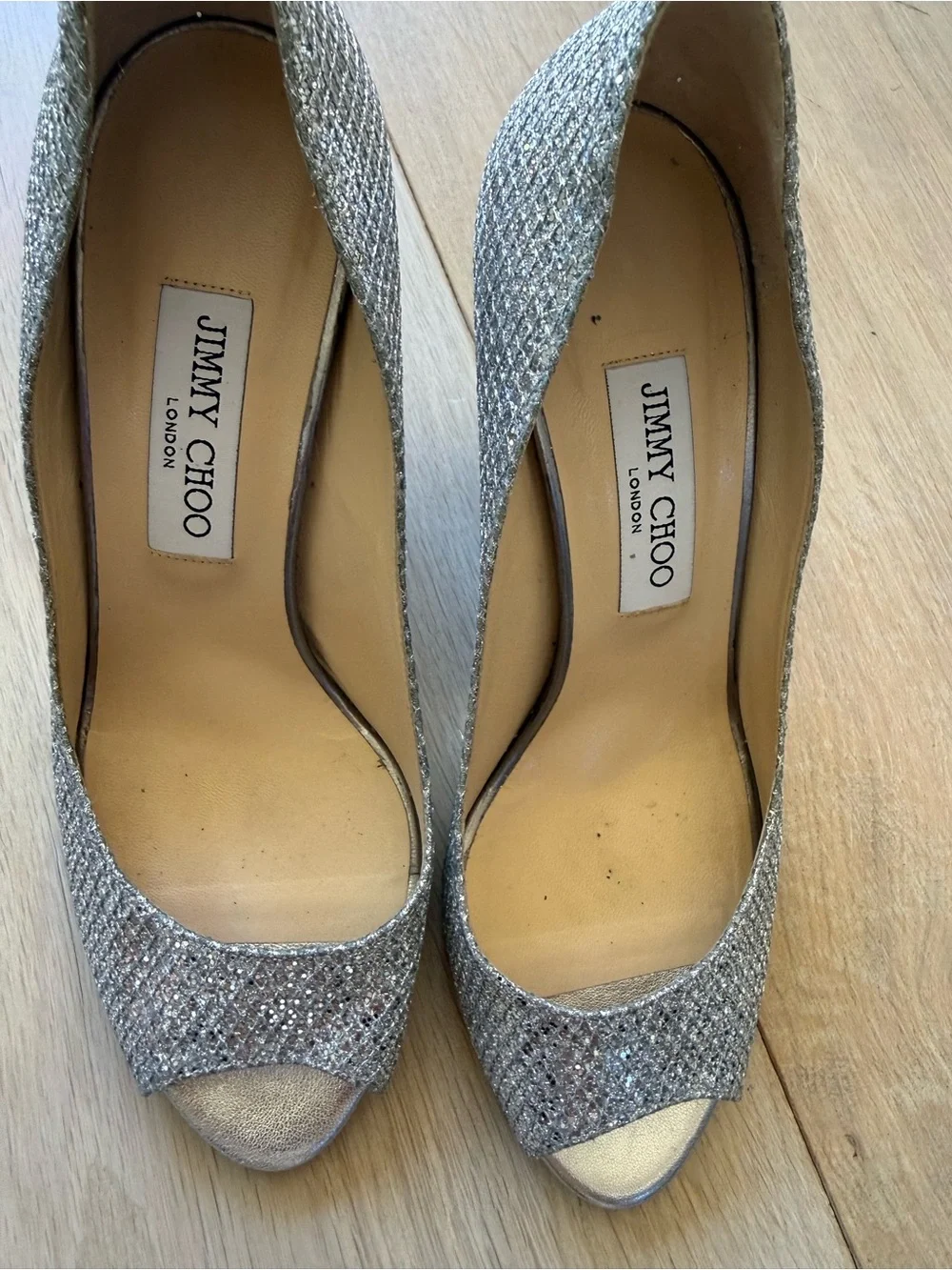 Jimmy Choo Silver Glitter Peep-Toe Wedge Heels